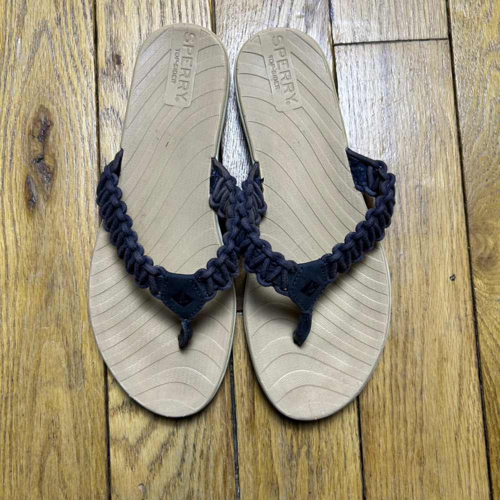 Sperry Top-Sider Womens 7M Braided Navy Leather Flip Flop Sandals STS95174